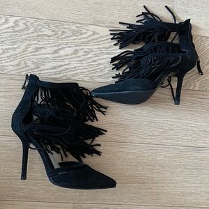 Alice + Olivia Black Suede Fringe Heels 38.5/ US 8